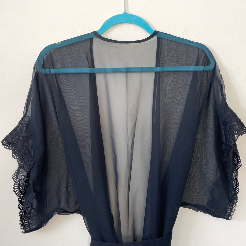 Vintage Black Silk Chiffon & Lace Lingerie Robe Size Small - Picture 8 of 15